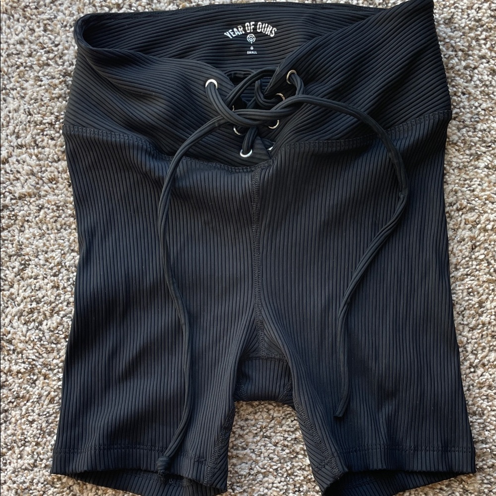 Year of Ours Black Ribbed Lace-Up Biker Shorts